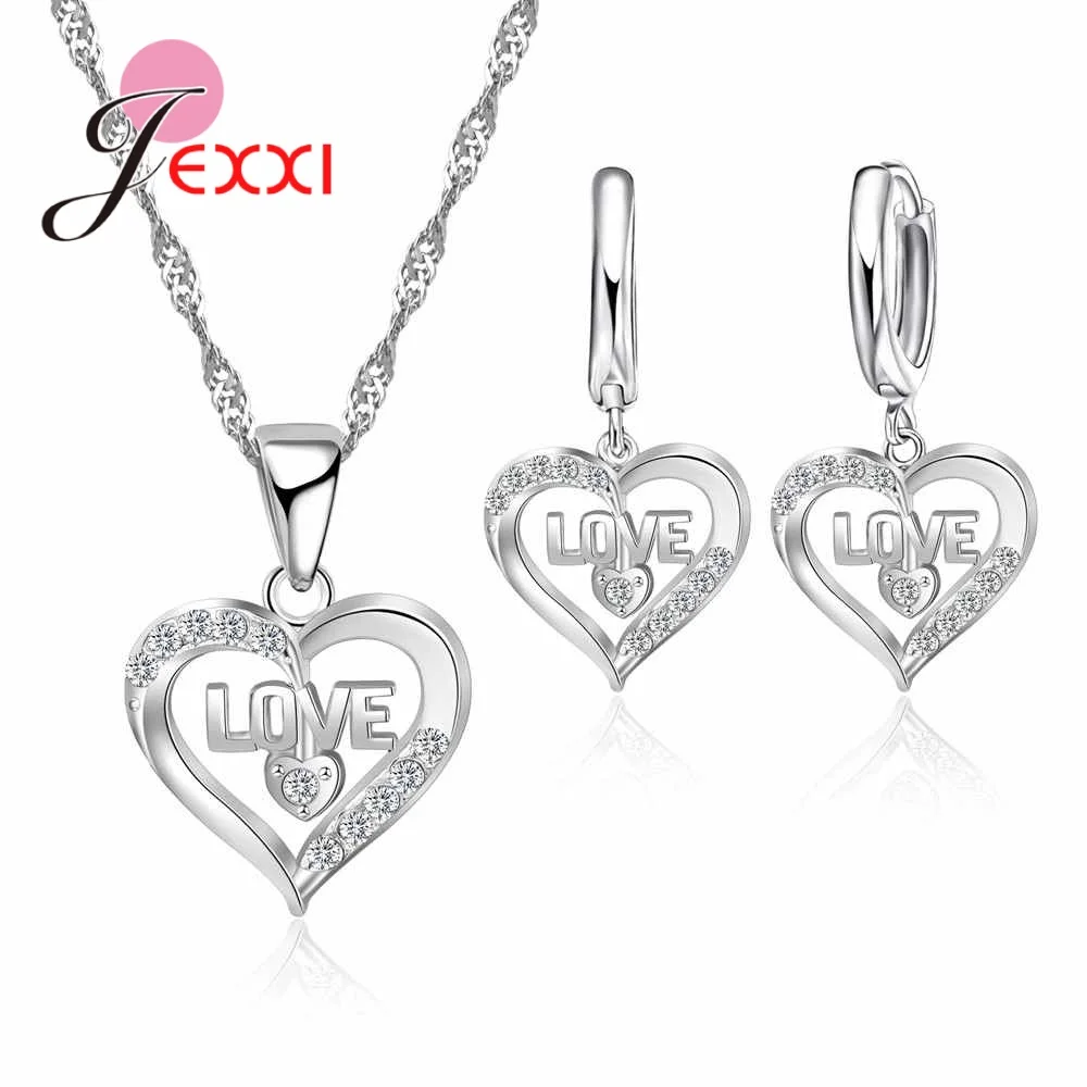 

Fashion Wholesale 925 Sterling Silver Heart Shaped AAA Earrings Pendant Necklace Jewelry Set For Women Party Wedding