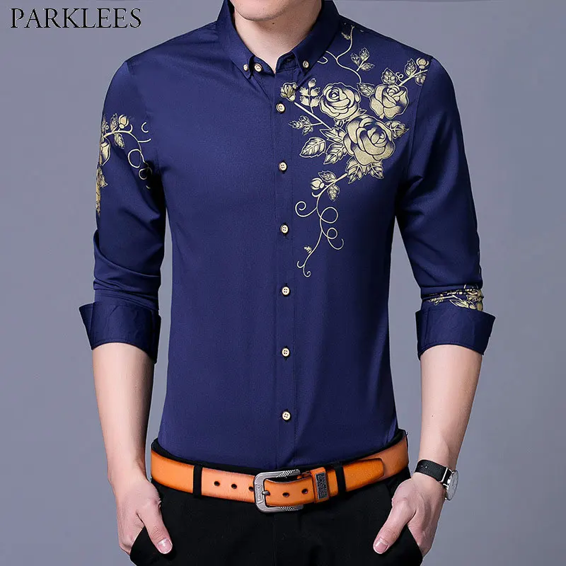 

Fashion Gold Rose Print Button Down Shirt Men 2018 Slim Fit Long Sleeve Dress Shirts Men Easy Care Solid Non Iron Chemise Homme