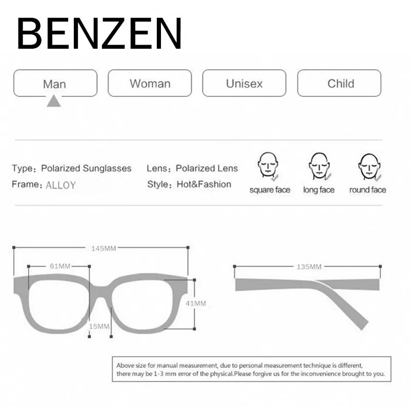 Солнцезащитные очки BENZEN поляризационные Для мужчин солнцезащитные очки для женщин классический сплав квадратная солнцезащитные очки для мужчин, очки для водителей автомобилей оттенки черный чехол 9288