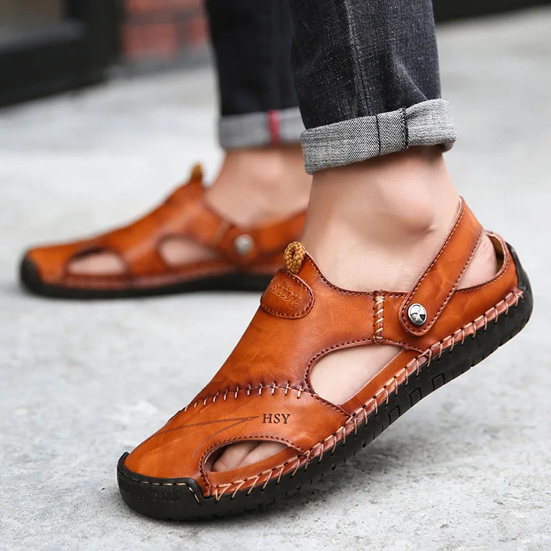 

Genuine Leather Sandals Summer Men Shoes Mens Beach Sandals Flat Man Summer Slippers Cow Leather Men Sandals Male Shoes A753