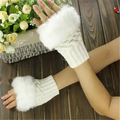 G015 White Модные перчатки Guantes в стиле пэчворк, женские шерстяные перчатки, вязаные перчатки из искусственного кроличьего меха, милые женские варежки на полпальца, клетчатые перчатки Luvas G015 - Цвет: G015 White