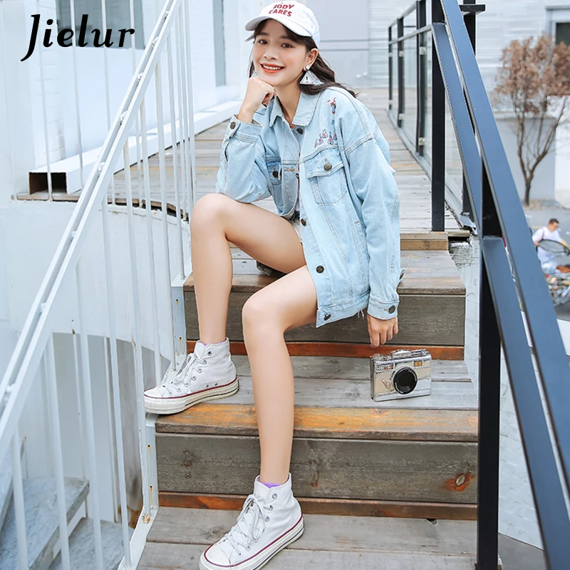 Jielur/осенне-весеннее однобортное джинсовое платье куртка с вышивкой в Корейском