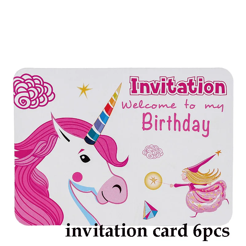 invitation card Вечерние принадлежности Единорог тема День Рождения Декоративная скатерть для вечеринки тарелка чашка соломенный флаг табличка вечерние Декор - Цвет: invitation card
