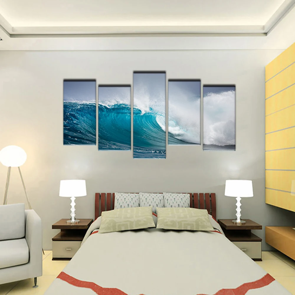 5 Piece Of Art Seascape Painting Picture Wall Decor Sea Wave Spray Printing Canvas Modern On Modular Pictures | Дом и сад