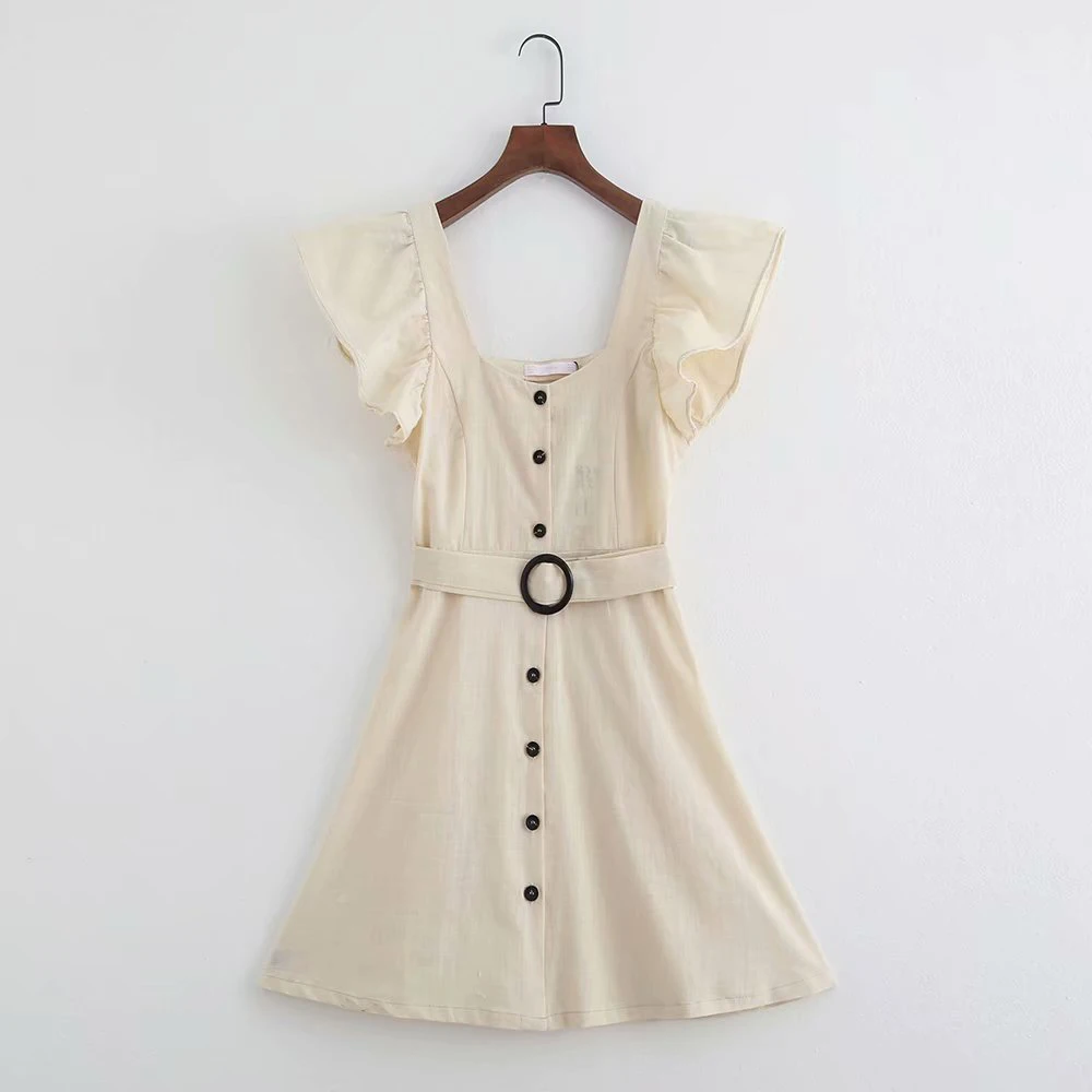 Женское повседневное мини платье Za белое хлопковое льняное с поясом и высокой