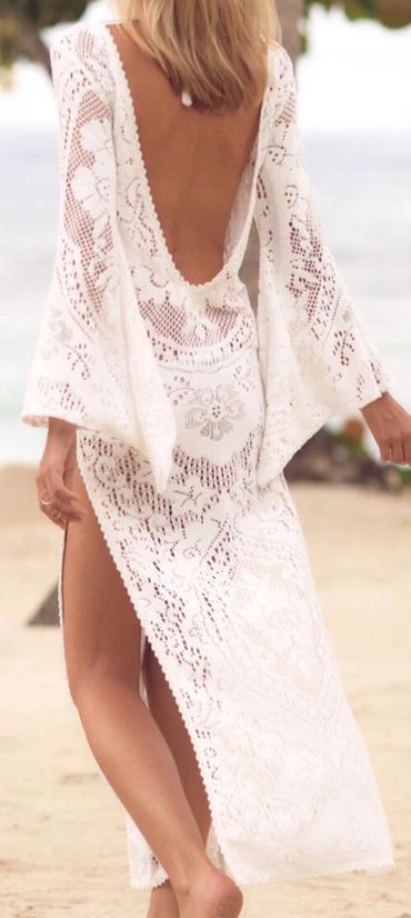 Blesskiss Sexy Back V Crochet Bikini Cover Up Beach Woman Summer Long Sleeve Swimsuit Bathing Suit Tunic Beach Dress Wear White - Цвет: white