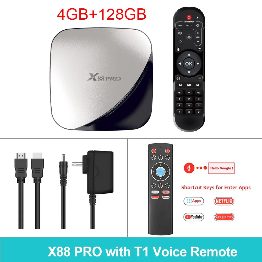 4GB128GB T1 Voice RC 4 ГБ 128 ГБ X88 Pro Smart tv BOX Android 9,0 Rockchip RK3318 четырехъядерный wifi проигрыватель Google X88Pro 4 ГБ 32 ГБ телеприставка 2 Гб 16 Гб - Цвет: 4GB128GB T1 Voice RC