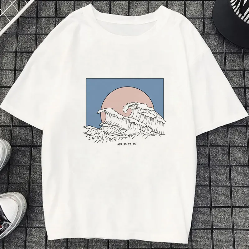 Новинка, Camisetas Verano Mujer,, Harajuku, Kawaii, волнистая, эстетическая, винтажная, парная Футболка, женская, Vogue, повседневная, с принтом, короткий рукав, Топ - Цвет: 1753