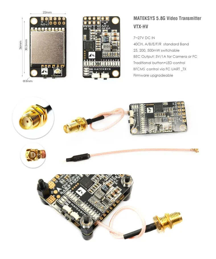 Matek 5,8G 40CH 25/200/500 МВт переключаемый видеопередатчик VTX-HV с выходом 5 V/1A BEC Выход