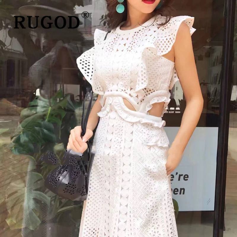 Женское вечернее платье RUGOD белое кружевное макси без рукавов летнее 2019 | Женская