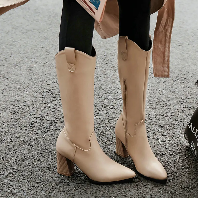 Женские ковбойские сапоги до колена черные или белые с острым носком на молнии