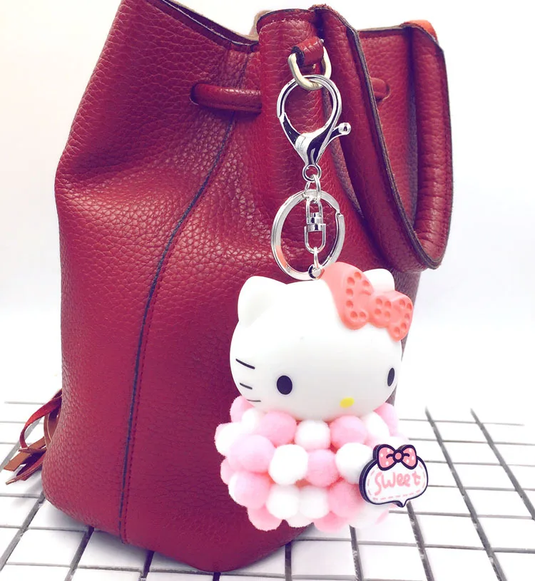 Милый брелок Hello Kitty с мультяшным бантом цепь ключом помпон для женщин креативный