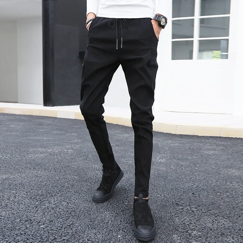 Корейский Стиль Уличная черные мужские брюки Slim Fit эластичная талия повседневные брюки мужские модные эластичные удобные мужские джоггеры