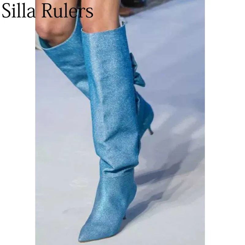 Silla liners/Новинка года; очаровательные шикарные сапоги до колена из расшитой блестками ткани; женские ботинки с острым носком на тонком каблуке с бантом-бабочкой