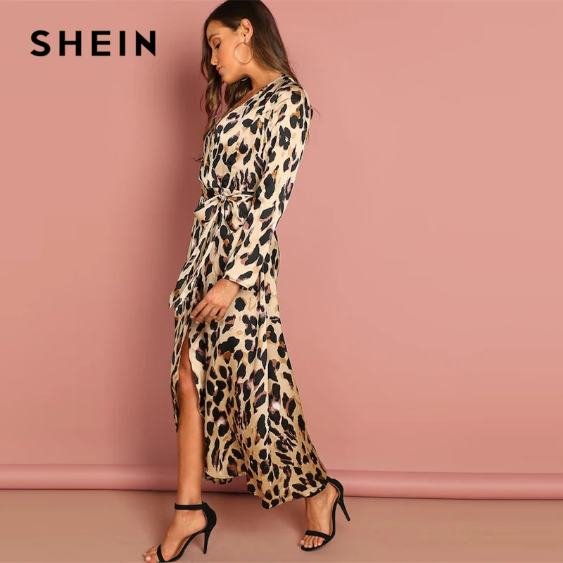 SHEIN Атласное Платье С Леопардовым Принтом С Глубоким V-Образным Вырезом, Элегантное Платье На Запах
