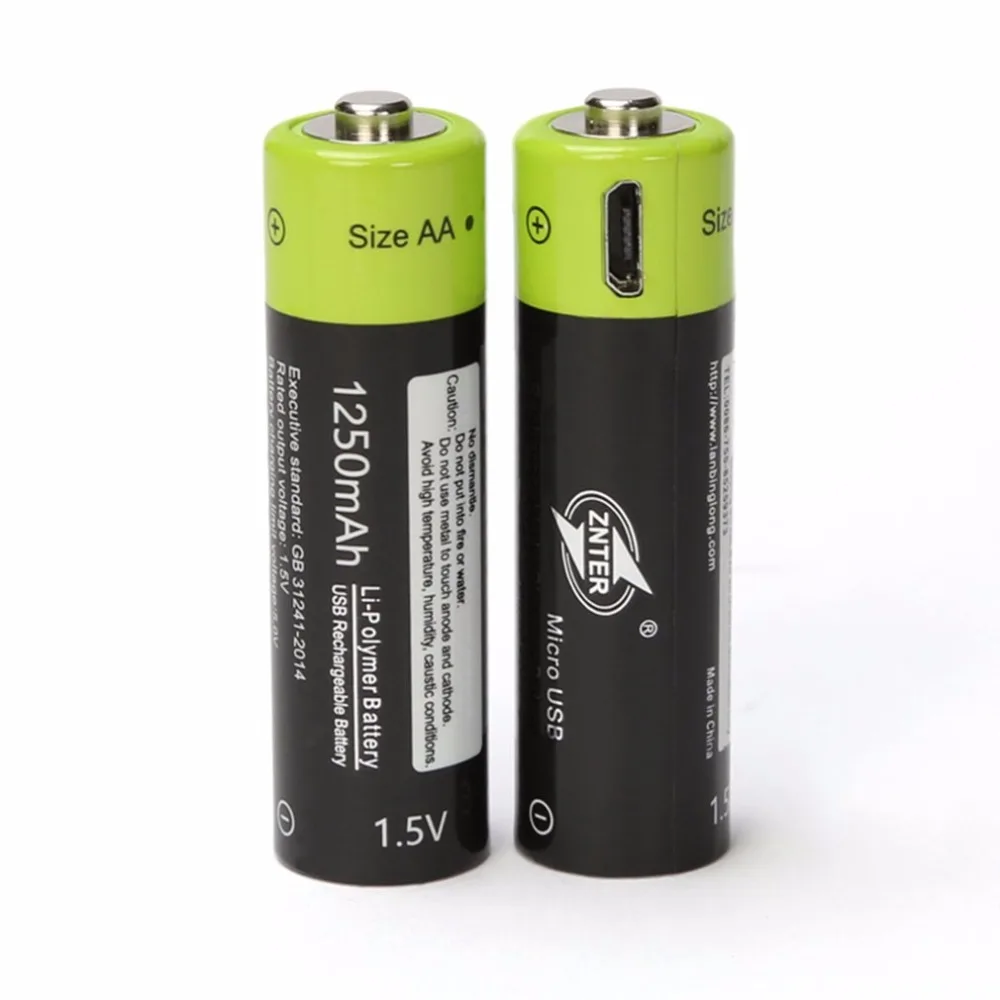 ZNTER AA Аккумуляторная батарея 1 5 V 2A 1250mAh USB зарядка литиевая с кабелем Micro