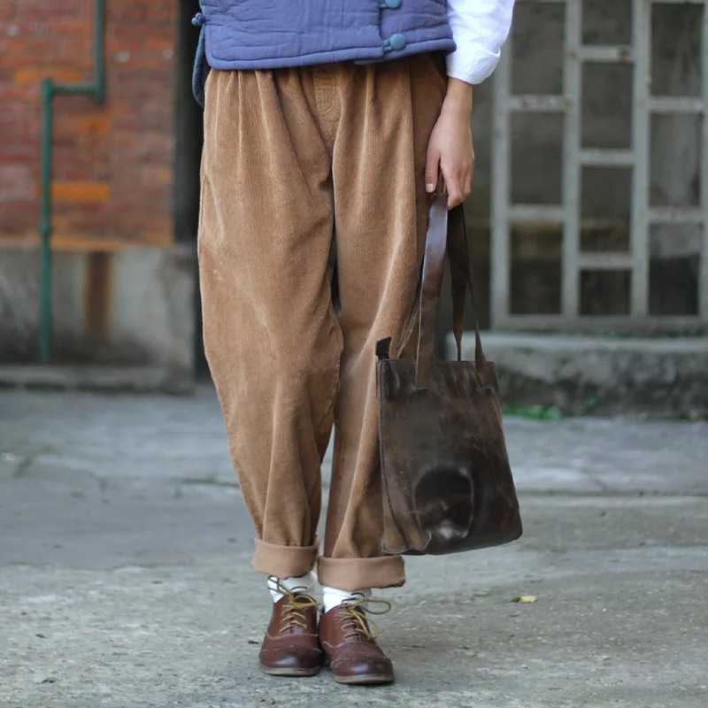 

2019 women's corduroy trousers retro spring and autumn winter casual thick warm elastic waist loose cotton pleated pants