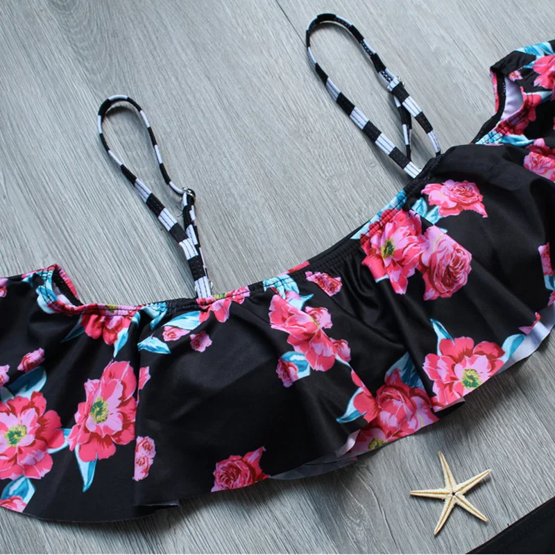 2017 цветочный черный комплект бикини с принтом купальный костюм женский высокой