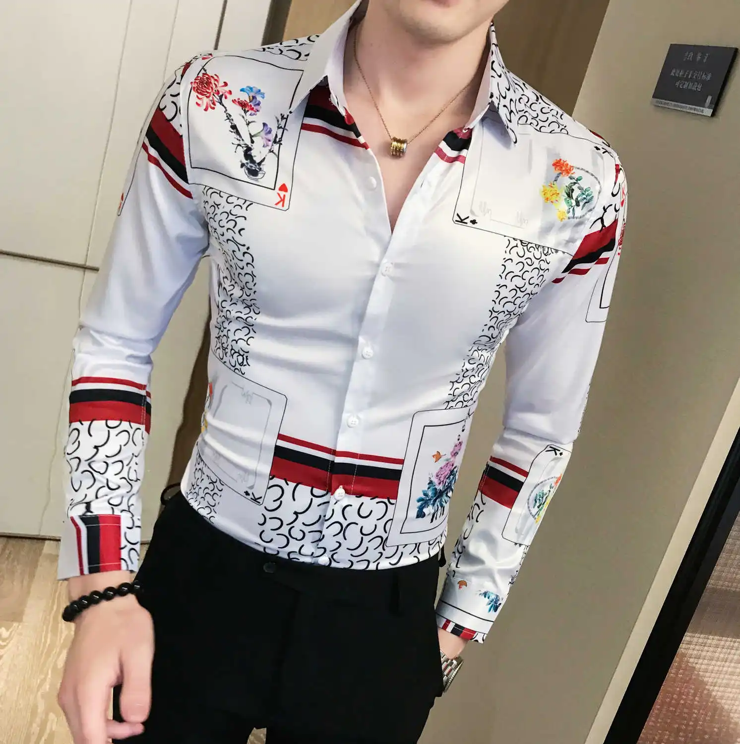Мужская рубашка с принтом Camisa осенняя уличная Облегающая длинным рукавом