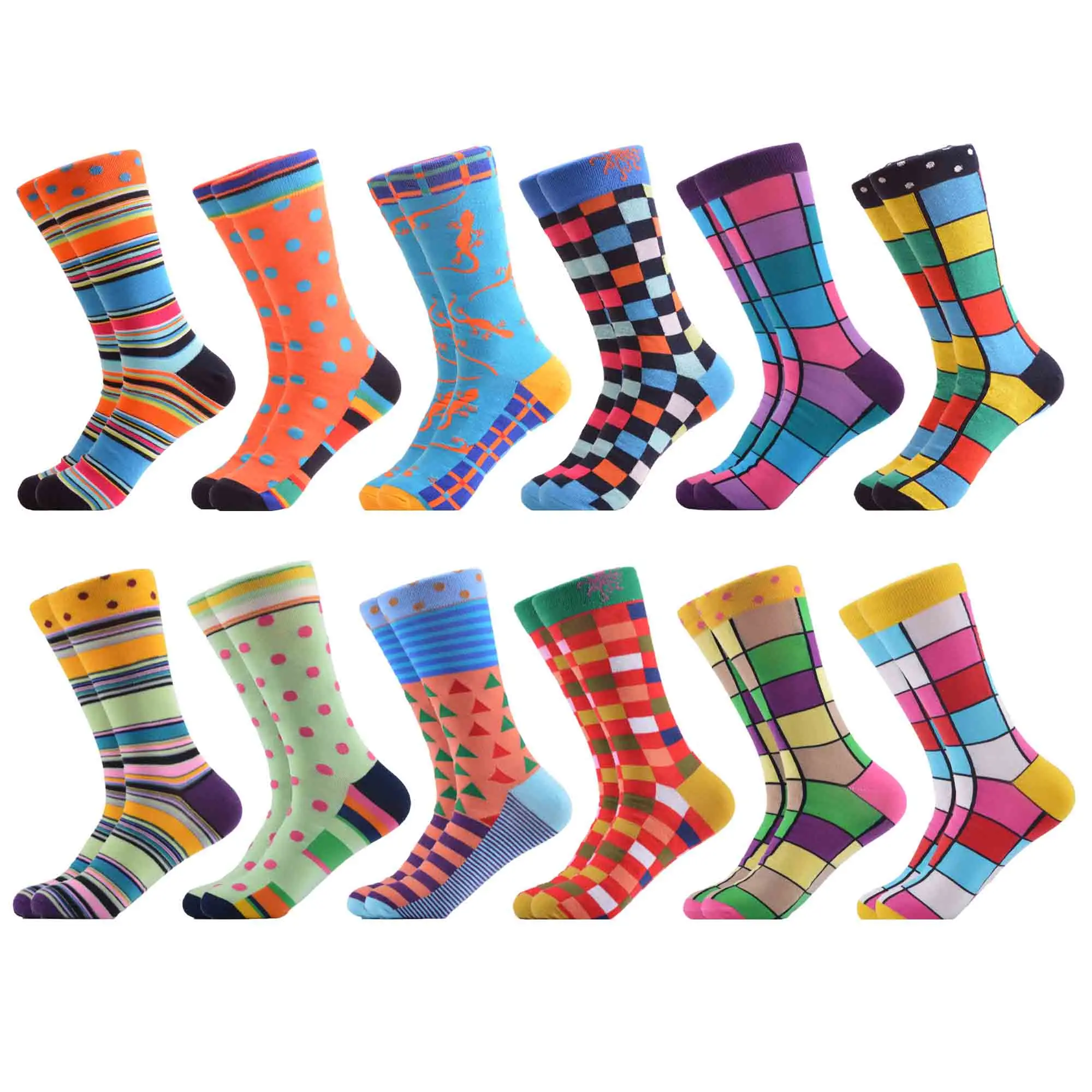 06367 (12 pairs) SANZETTI, мужские цветные Повседневные носки, носки из чёсаного хлопка, дизайнерские носки в стиле Харадзюку, носки в стиле хип-хоп, геометрические, в клетку, в горошек, подарки, счастливые носки - Цвет: 06367 (12 pairs)