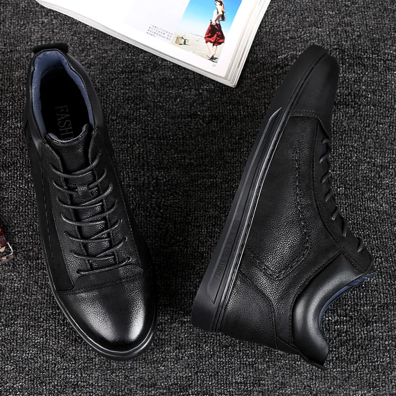 Высокое качество Для мужчин высокие Повседневная кожаная обувь черные зимние
