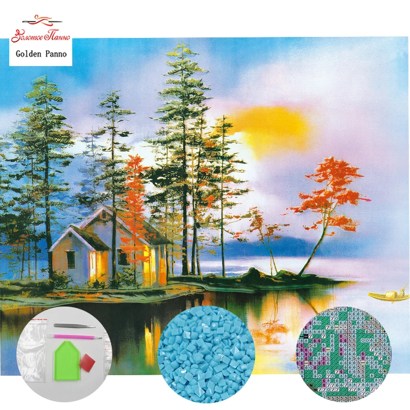 

Golden Panno 5D Diy Diamond Painting Cross Stitch Diamond Embroidery house and tree Pattern Hobbies Crafts Diamond Mosaic 828