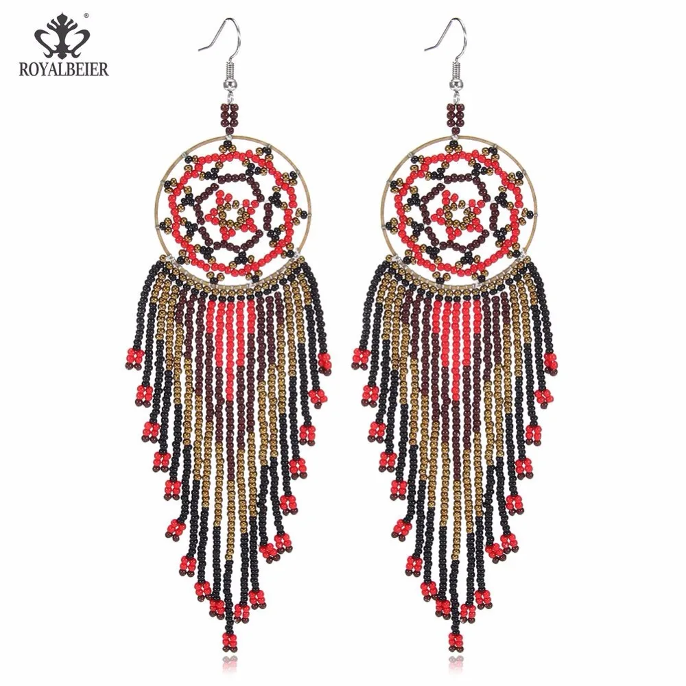 

ROYALBEIER Long Tassel Feather Shape Beads Bohemian Female Dangle Earring Wedding Party Drop Jewelry Bijoux Statement Earrings
