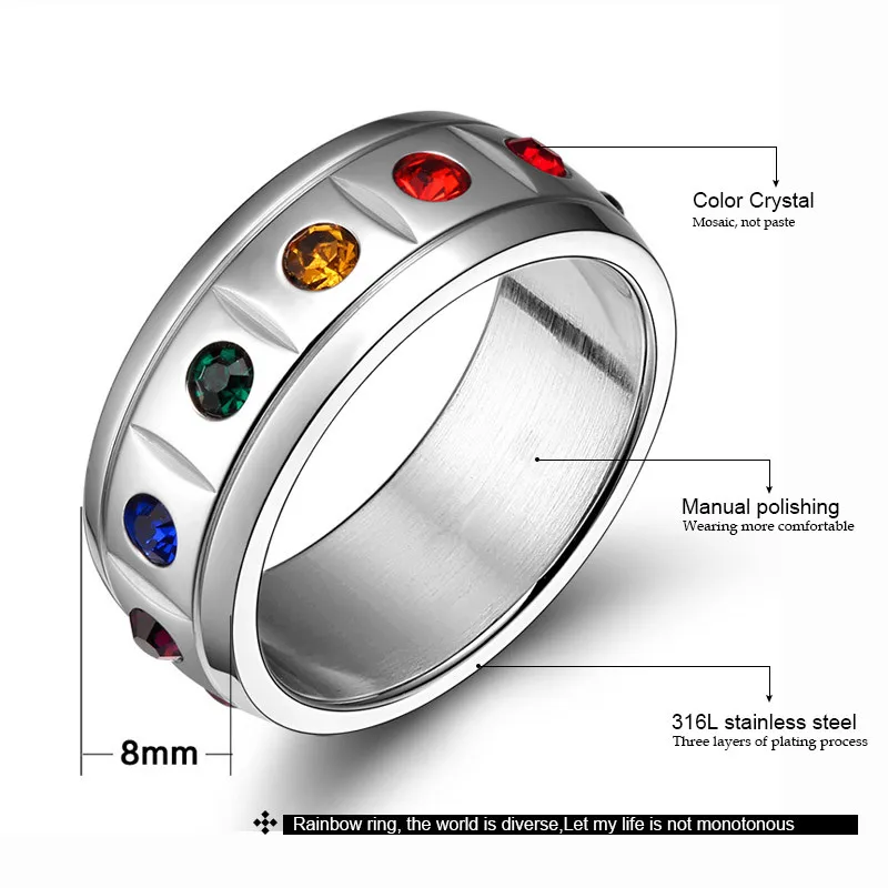 MiLaTu LGBT Rainbow Rings Stainless Steel Colorful Crystal Wedding Gay &amp Lesbian Engagement Ring R349G | Украшения и