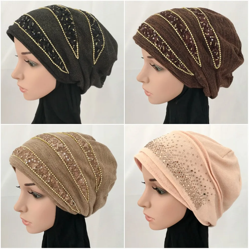 Модные стразы Осень зима полное покрытие мусульманские хиджабы шапочка для