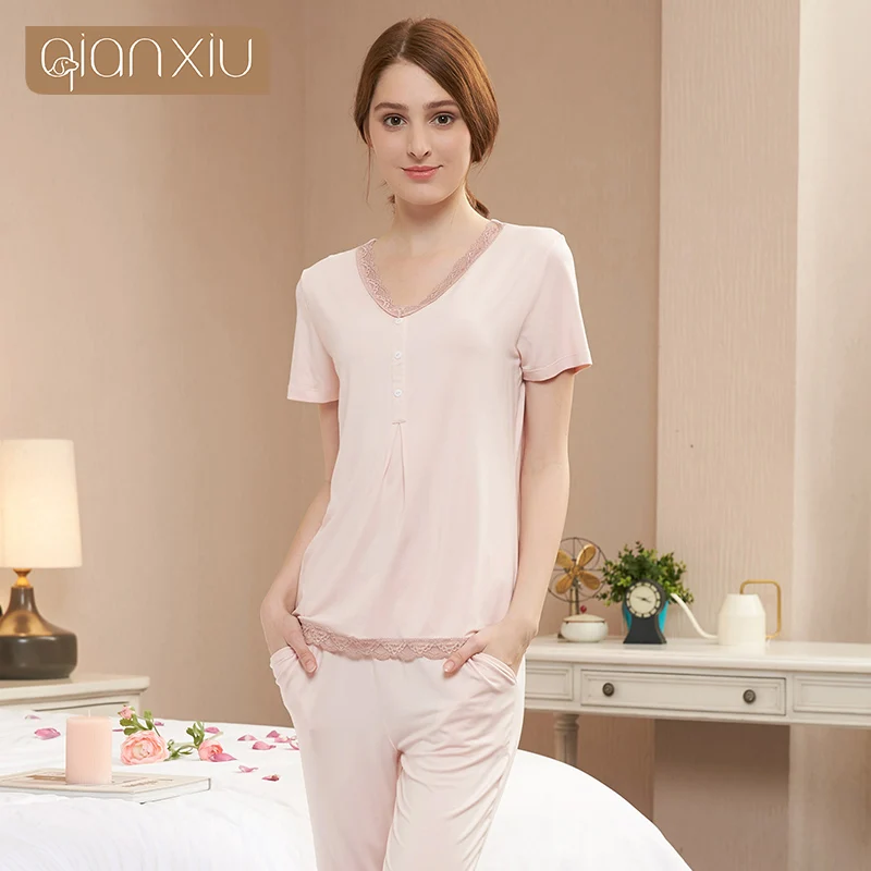 Женские пижамные комплекты из мягкого вискозного волокна футболка с v образным