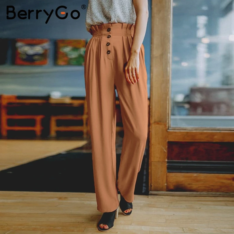 BerryGo эластичные брюк кнопки высокой талии женские Повседневная сплошная уличная