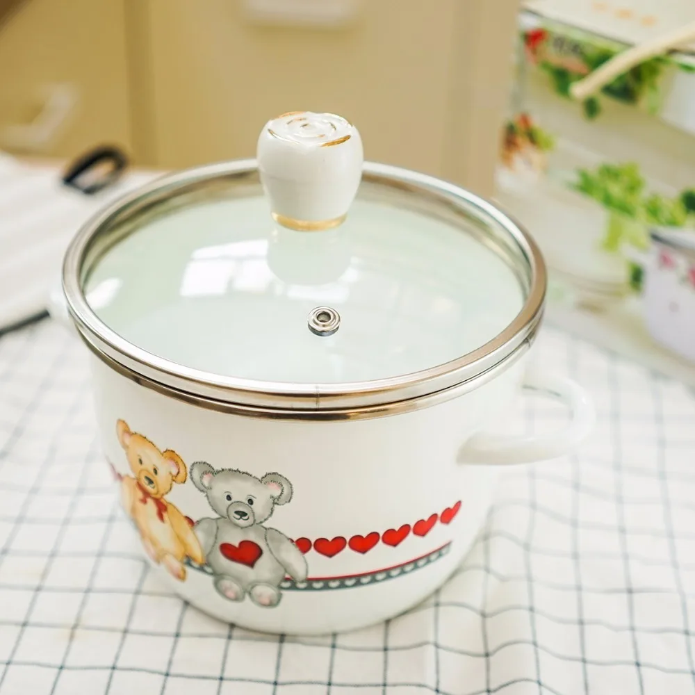 

Japanese cartoon porcelain enamel milk pot noodles bowl soup pan stewpot stockpot home baby food supplement glass cover