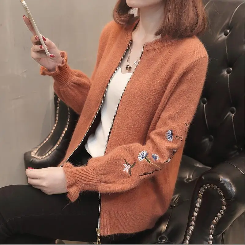 2019 Spring And Autumn Women Blends Cardigan Sweater Embroidery Print O-Neck Plus Size Casual Zipper |