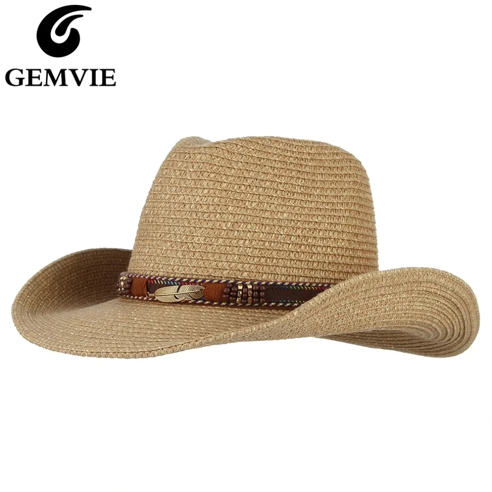 GEMVIE, ковбойская шляпа в западном стиле, шляпа от солнца для мужчин, пастушка, летние шляпы для женщин, Дамская соломенная шляпа с сплавом, бисер с перьями, пляжная кепка, Панама
