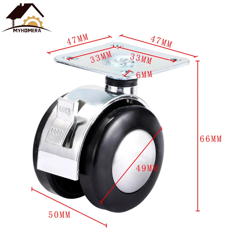 Plate with Brake Myhomera колесико для мебели 2 дюйма M8 винт/пластина сплав поворотные ролики колёса тележка резиновая Бесшумная защита тормоза - Цвет: Plate with Brake
