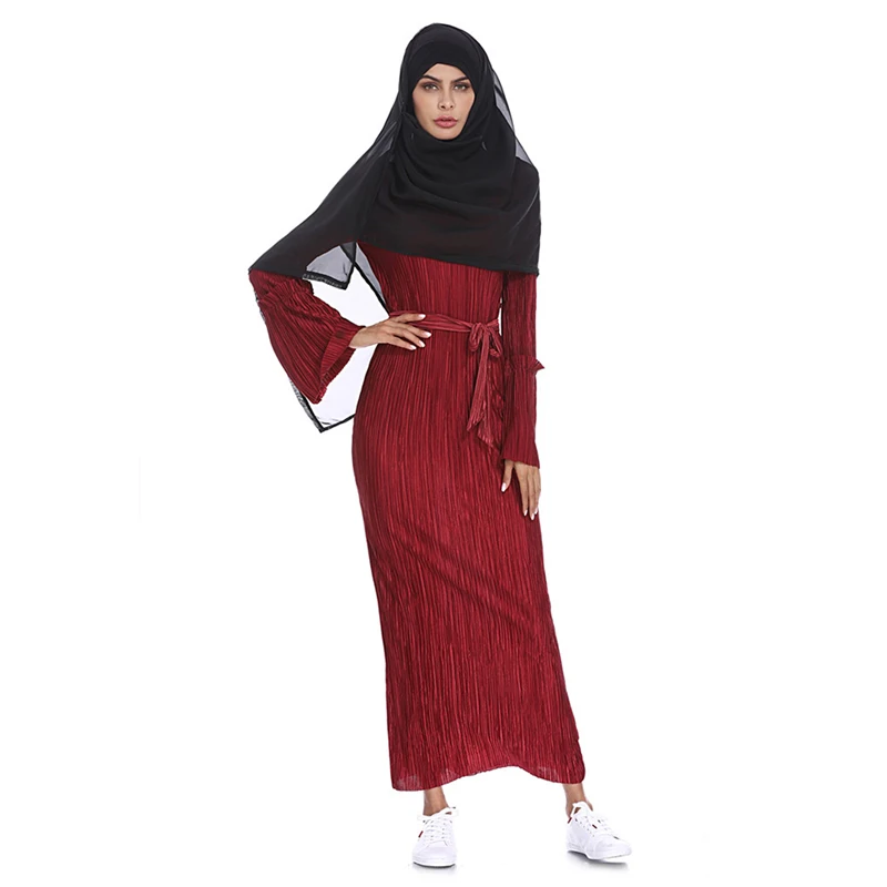 New Elegant Muslims Gown Women Dress Trumpet Sleeves Long With Sashes Round Collar Sleeve Autumn Straight Vestidos | Женская одежда