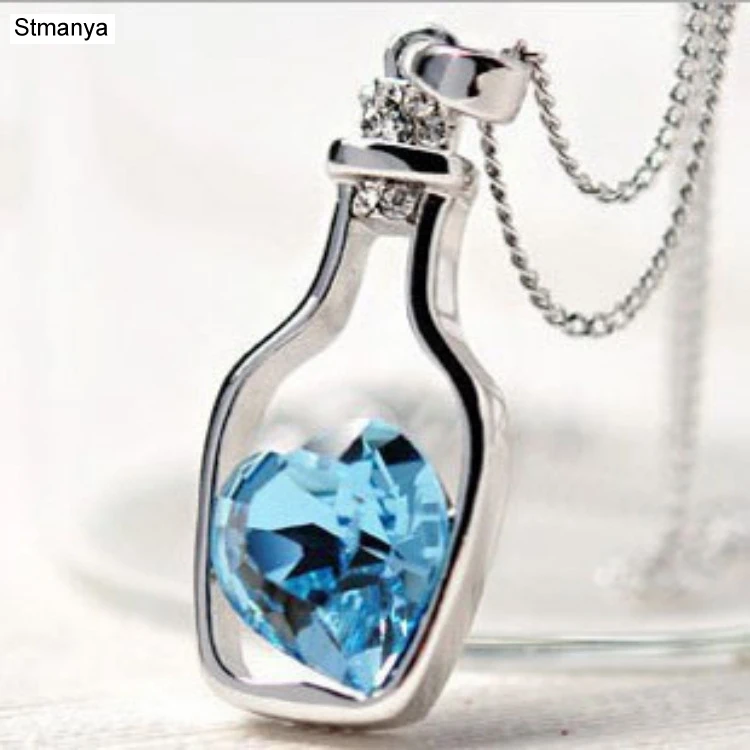

New chain girl Crystal Silver Color pendant Women's Crystal Love Heart Drift Wishing bottle Necklace Gift Valentine's Day 19087