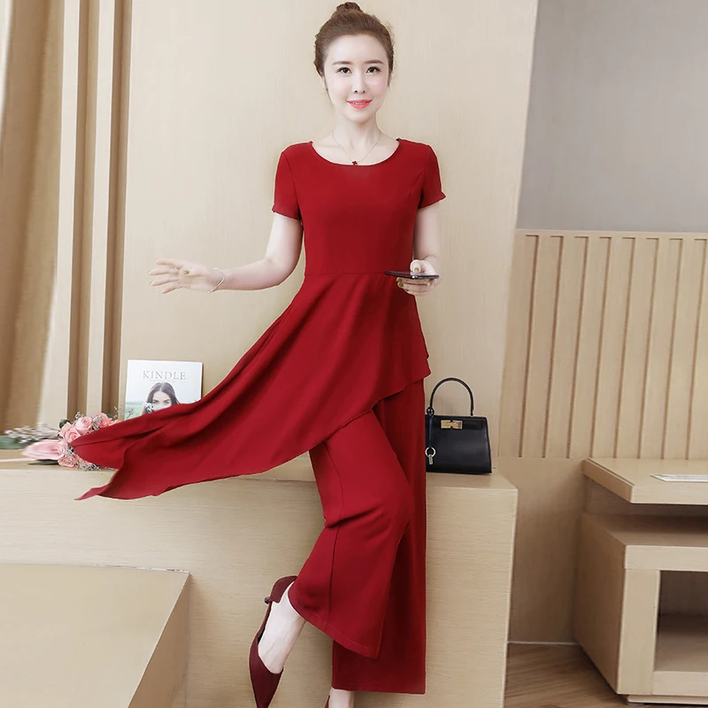 M-4xl, черные, красные, летние комплекты из двух предметов, женские, плюс размер, короткий рукав, длинные ассиметричные топы и широкие штаны, офисный элегантный костюм
