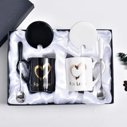 02 Style Gift Box Комплект из 2 предметов, красивая керамическая кружка, свадебная Подарочная кружка, набор для подруг, пара чашек с крышкой, ложка, домашняя чайная чашка - Цвет: 02 Style Gift Box