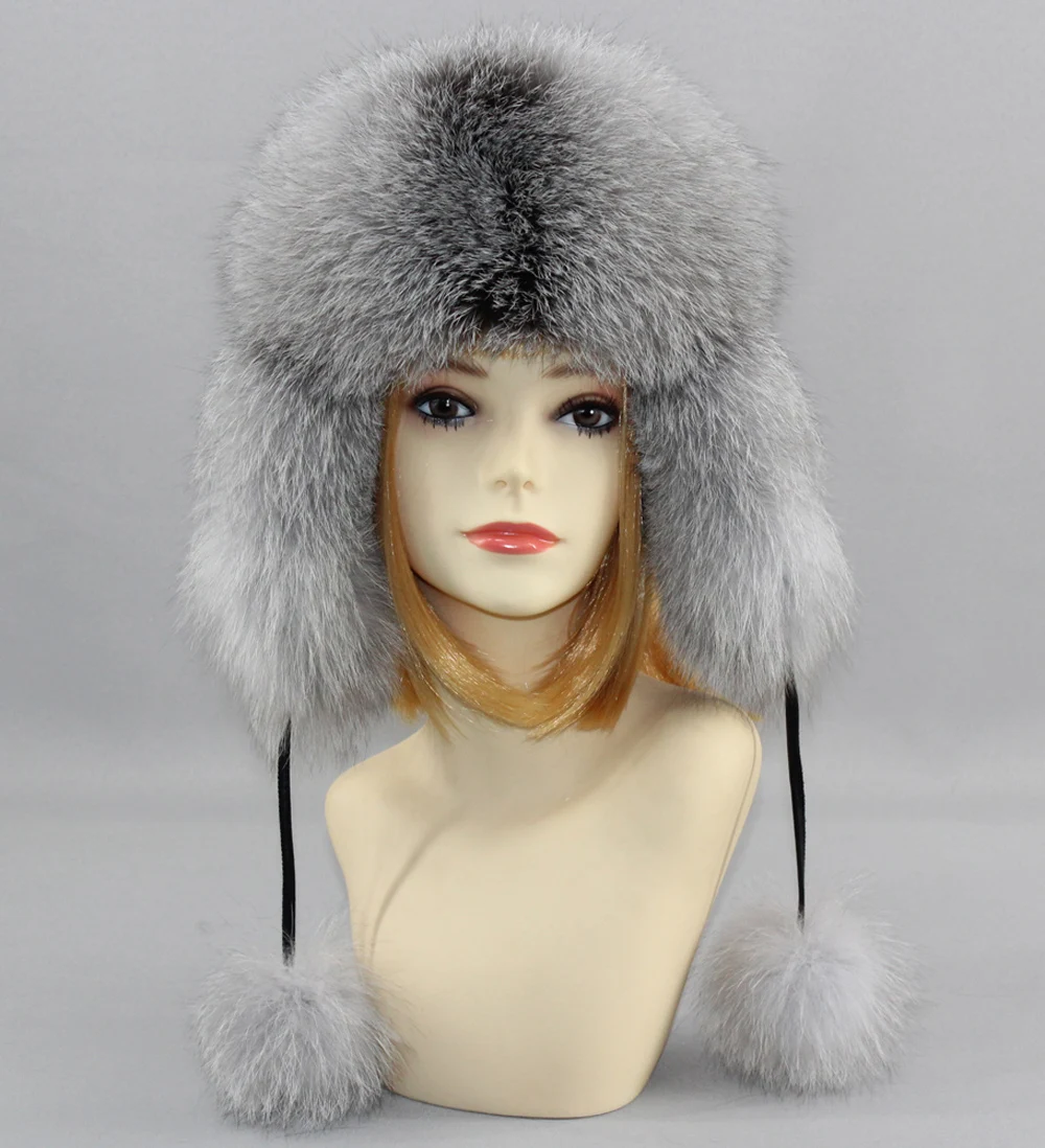 Hot Sale Natural Fox Fur Hat Women Thick Warm Real Fox Fur Cap Winter Fox Fur Bomber Hat Free Shipping