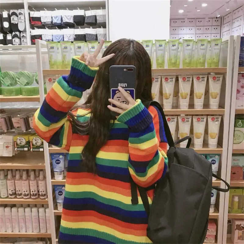 Women's Clothing Cute Kawaii Loose Colorblock Striped Rainbow Sweater Lady Harajuku Ulzzang Sweaters For Women Pullover Knitted | Женская