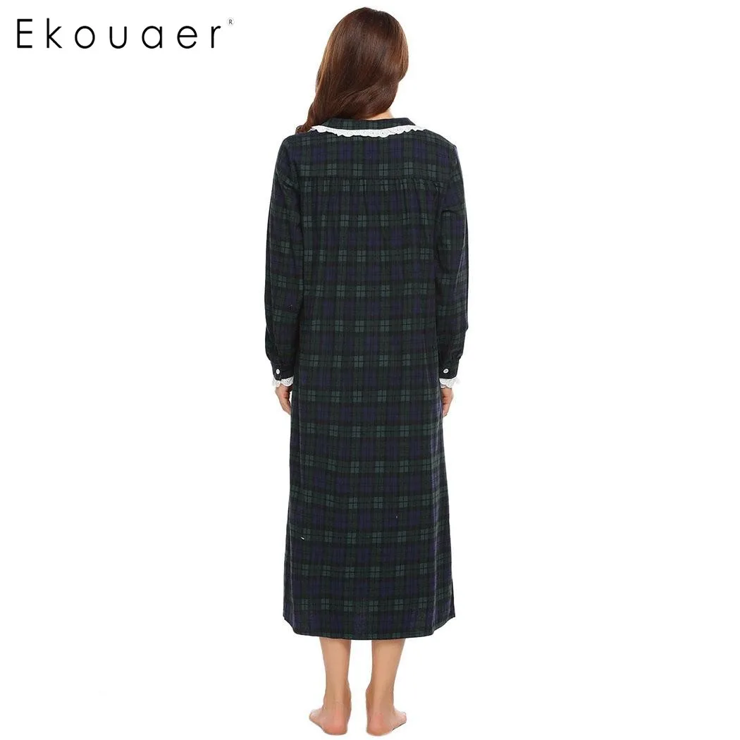 Женская клетчатая Ночная рубашка на пуговицах с длинным рукавом|plaid nightgown|nightgowns