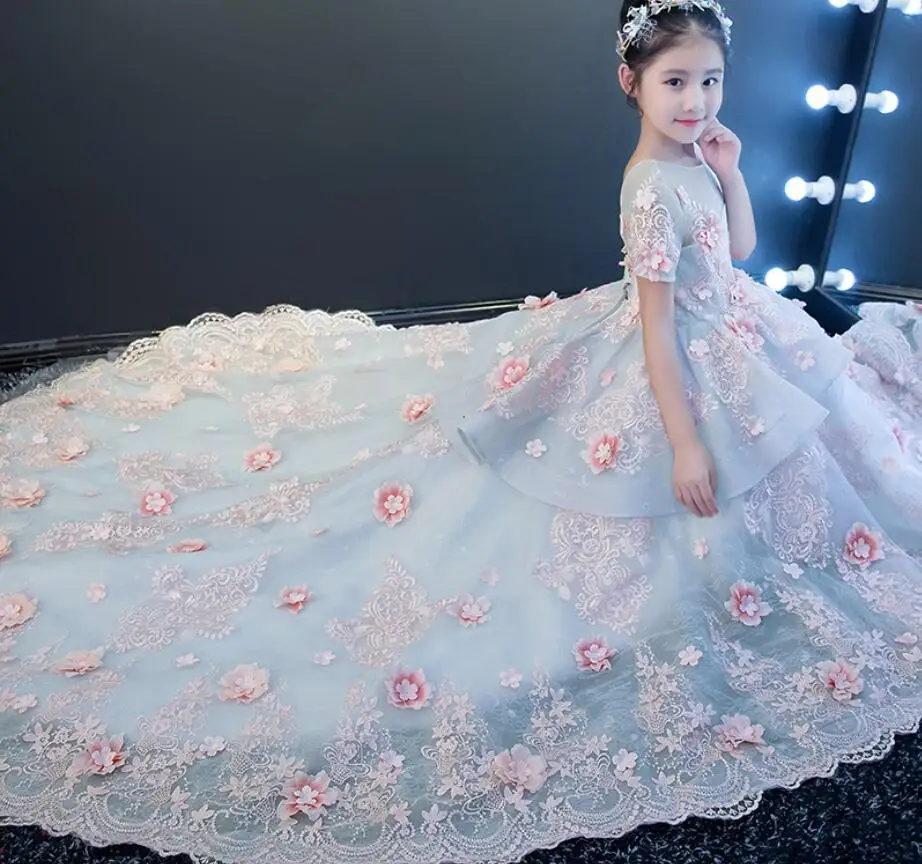 New Arrival Little Girls Luxury Lace Applique Holy First Communion Dresses for Floor Length Open Back Princess Dress | Детская одежда и