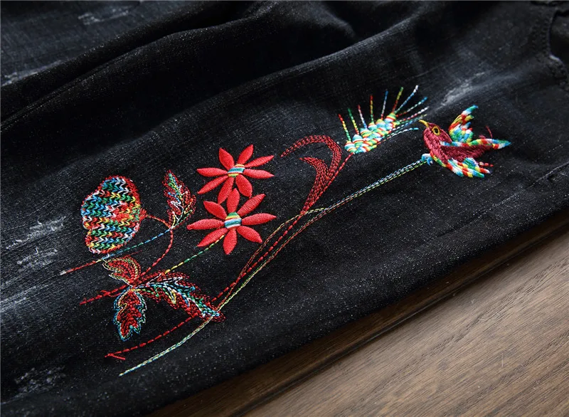 New Fashion Brand Flower And Bird Embroidered Jeans Men's Scratched Patches Skinny Pants Elastic Black Denim crop jeans #15011 | Мужская