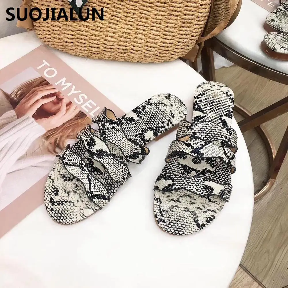 SUOJIALUN/2019 г. женские леопардовые сандалии на плоской подошве летние шлепанцы