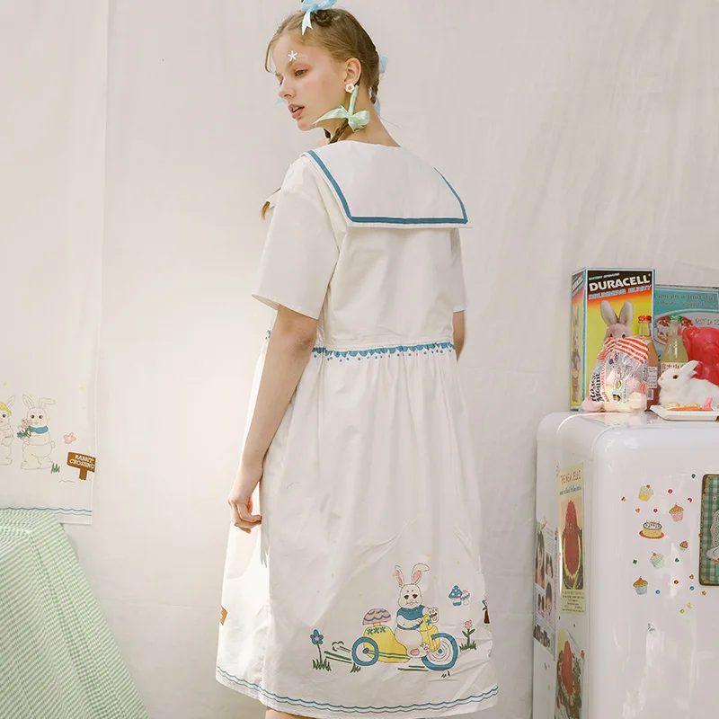 Летнее милое модное женское белое платье опрятный короткий рукав моряк воротник