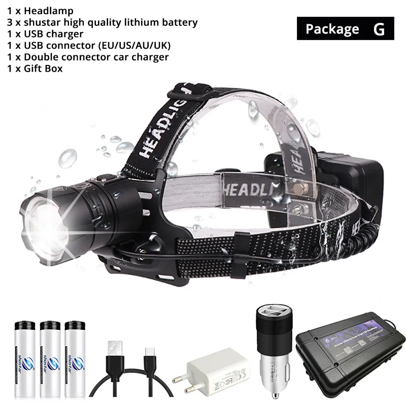 Package G Мощный XHP70 светодиодный водонепроницаемый налобный фонарь с поддержкой зума, 3 режима переключения, питание от 3 батареек 18650 для охоты, рыбалки - Испускаемый цвет: Package G