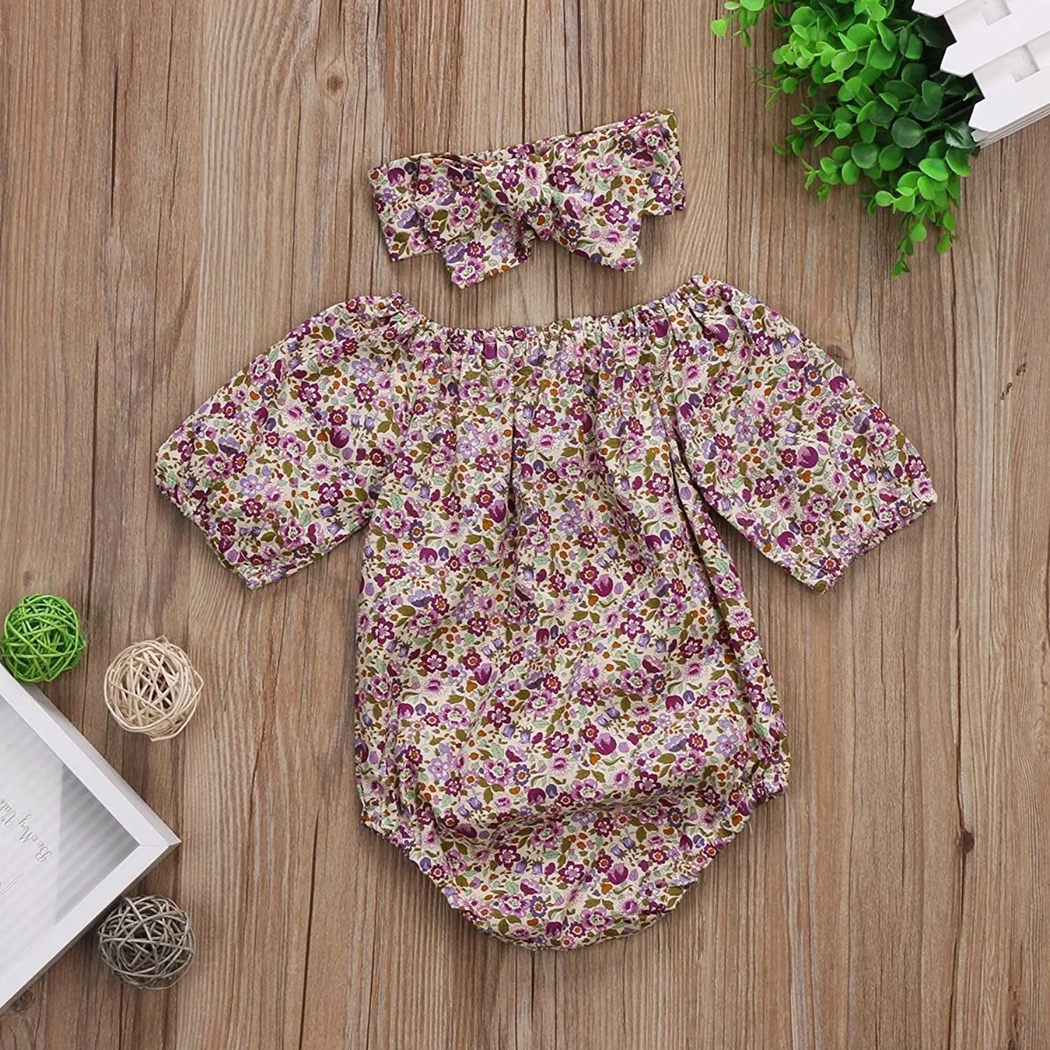 HI&ampJUBER Baby Girls Floral Print Romper +Headband Jumpsuit Play Suit Short Sleeve Outfits Clothes | Детская одежда и обувь