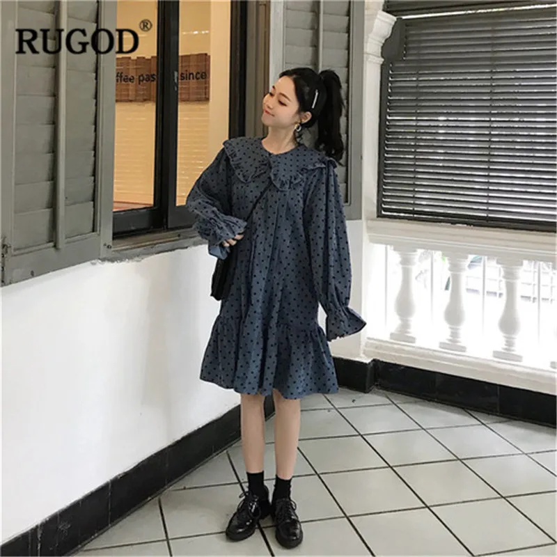 Женское платье с круглым вырезом RUGOD прямое свободное до колена в горошек