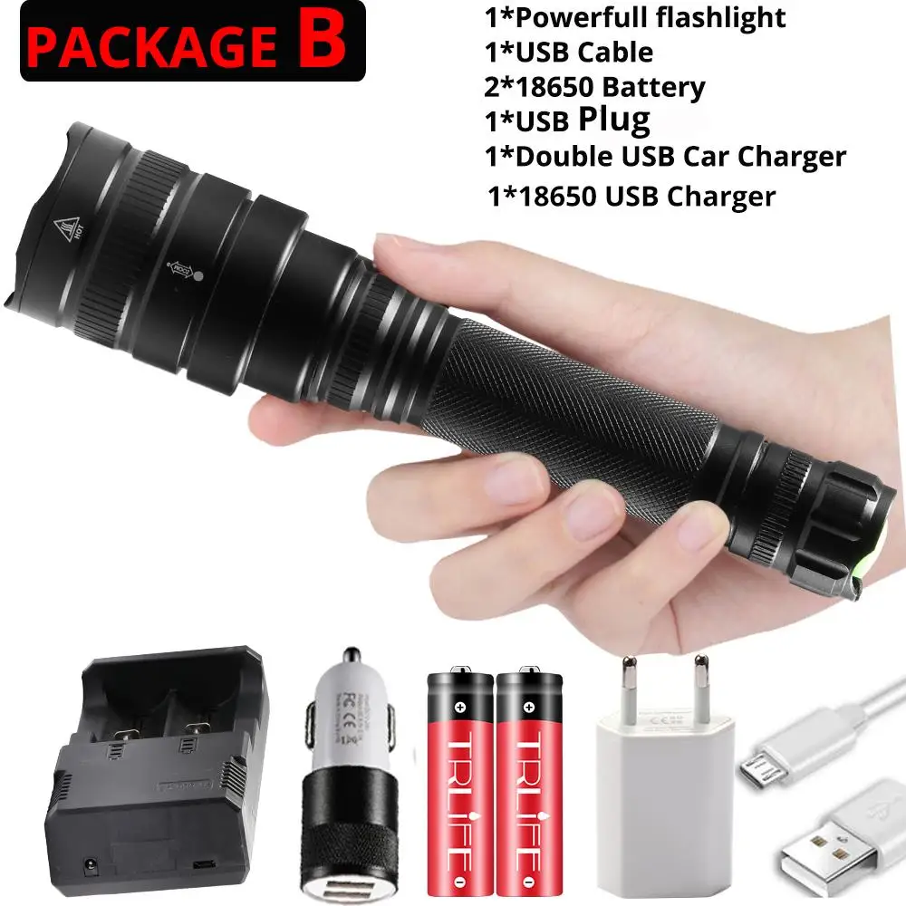 Package B Мощный светодиодный светильник-вспышка xhp70.2 ультра яркий водонепроницаемый светодиодный фонарь linterna xhp70 xhp50 18650 лучший кемпинг, уличный светильник - Испускаемый цвет: Package B